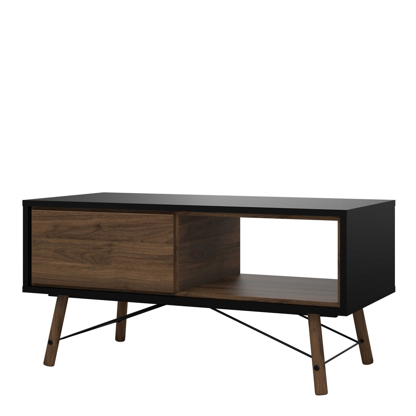 Juno Black and Walnut Wood Coffee Table 1 Drawer and Open Shelf