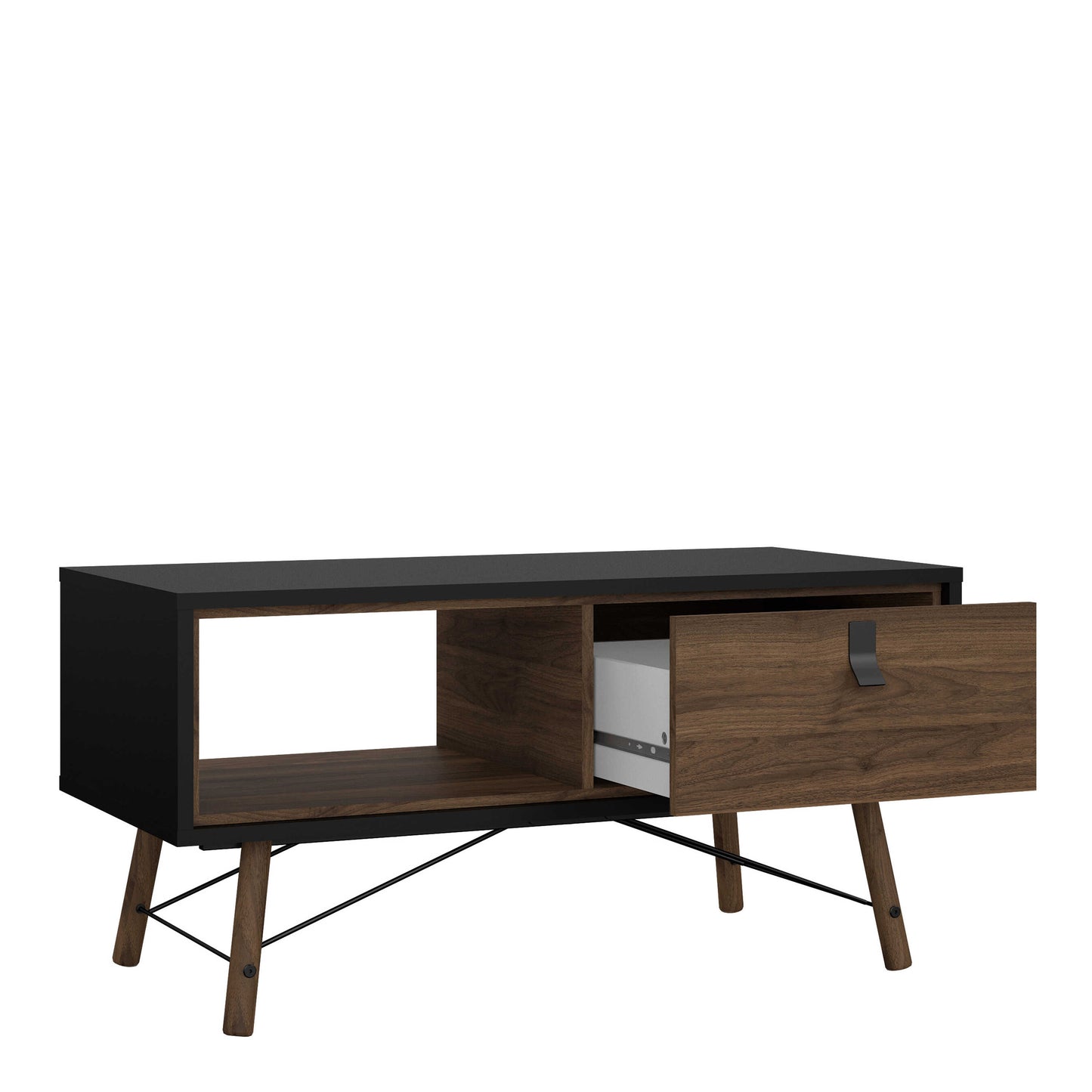 Juno Black and Walnut Wood Coffee Table 1 Drawer and Open Shelf
