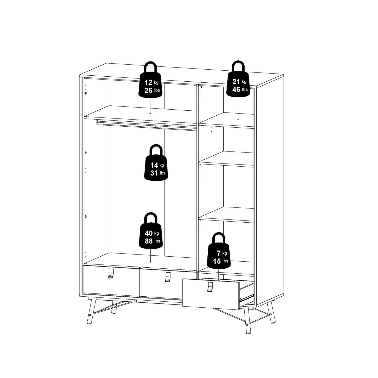 Juno Black and Walnut Wood Wardrobe 3 Doors 3 Drawers