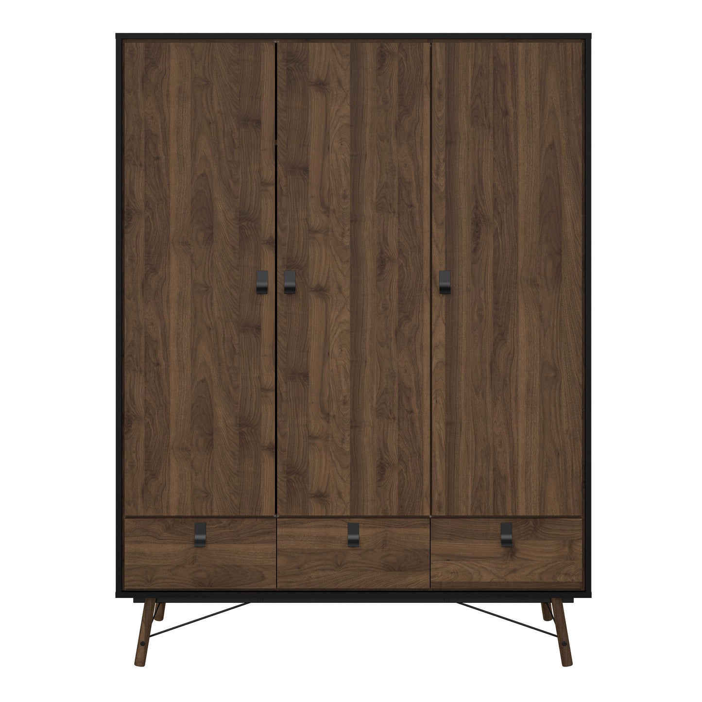 Juno Black and Walnut Wood Wardrobe 3 Doors 3 Drawers