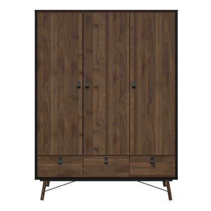 Juno Black and Walnut Wood Wardrobe 3 Doors 3 Drawers