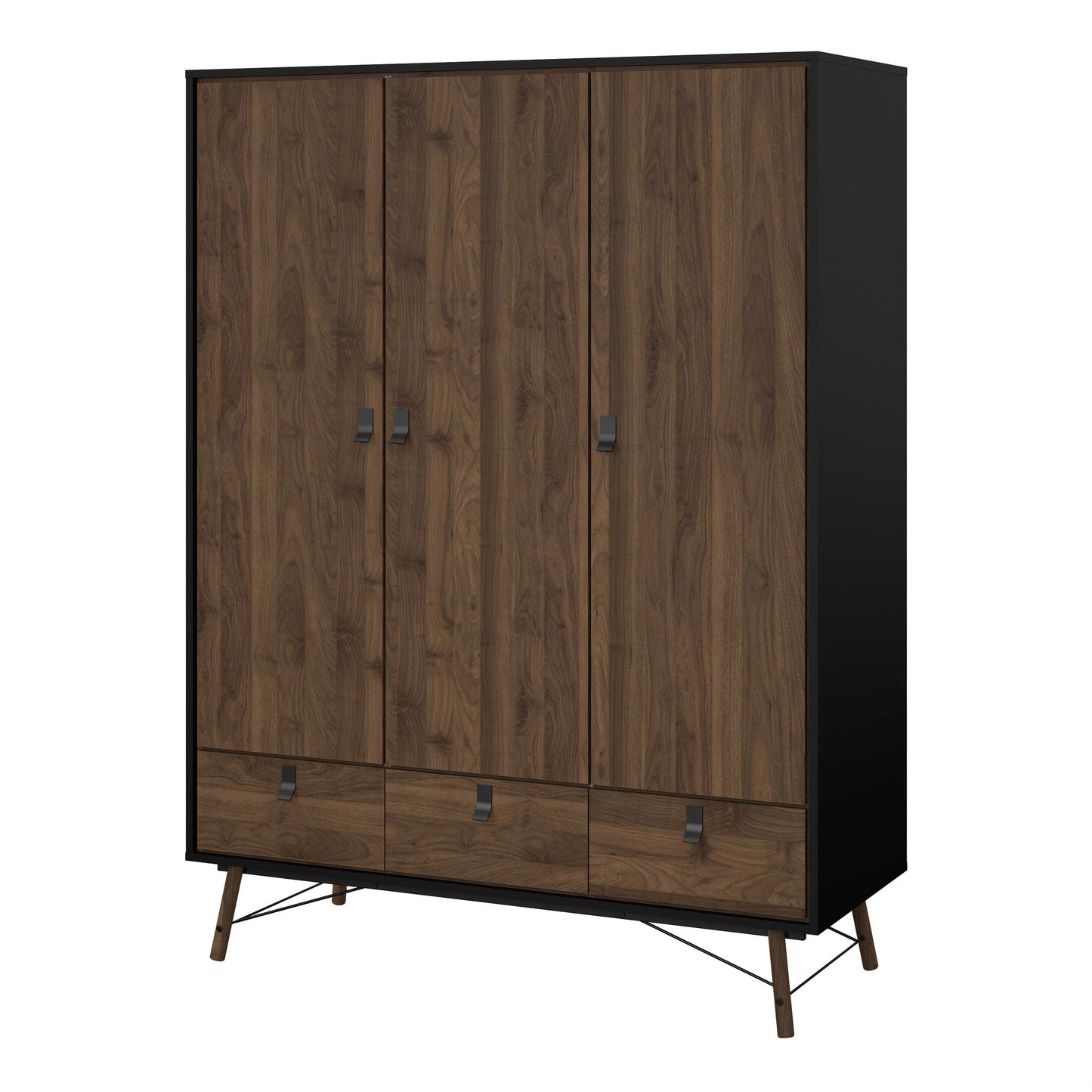 Juno Black and Walnut Wood Wardrobe 3 Doors 3 Drawers