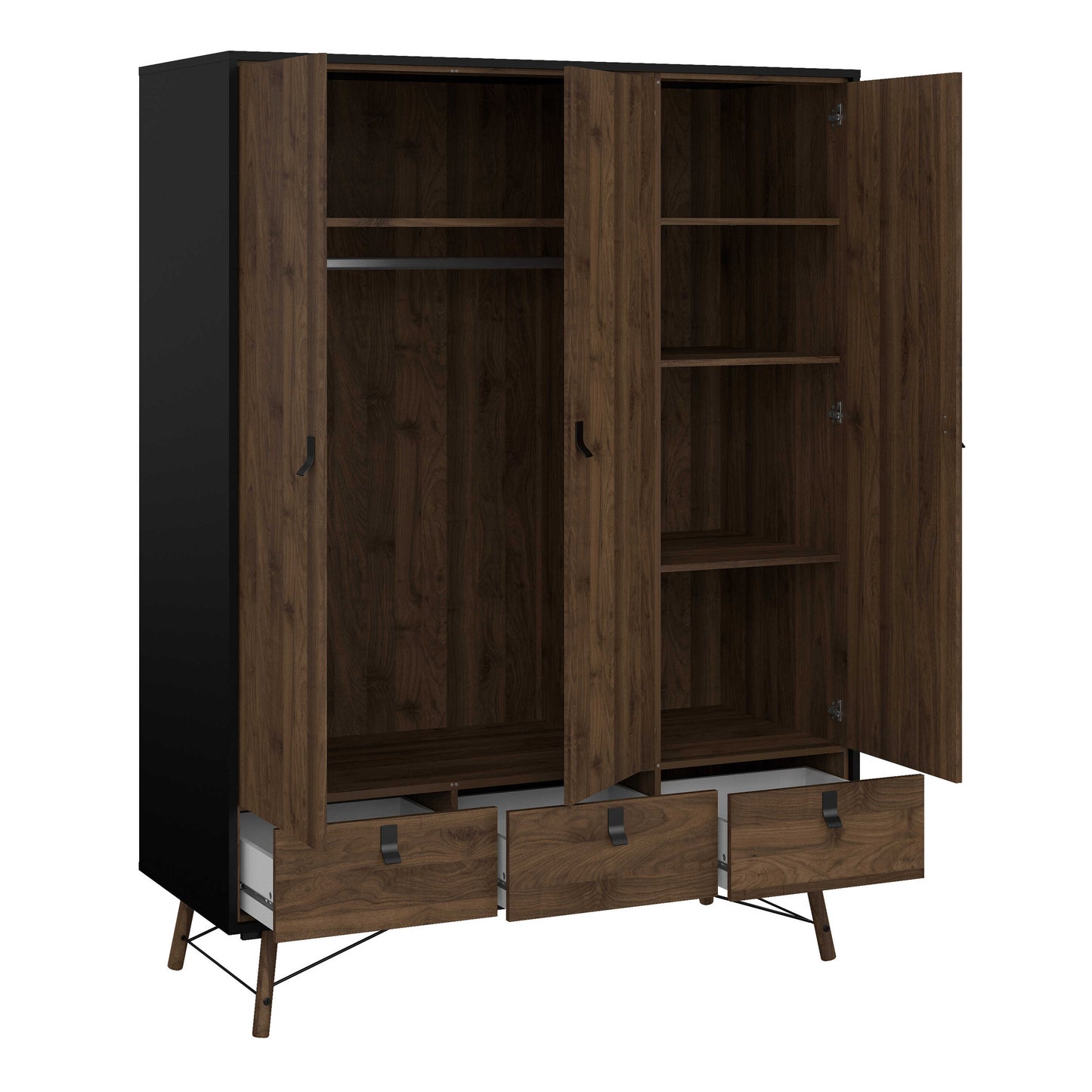 Juno Black and Walnut Wood Wardrobe 3 Doors 3 Drawers