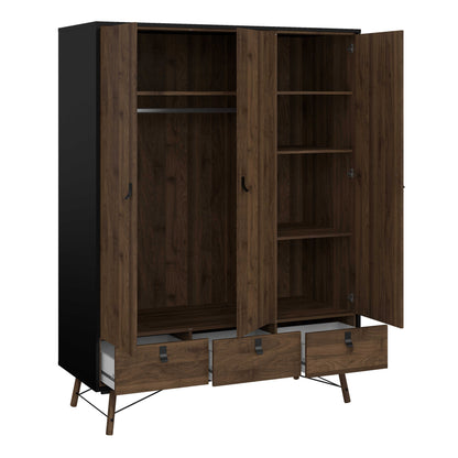 Juno Black and Walnut Wood Wardrobe 3 Doors 3 Drawers