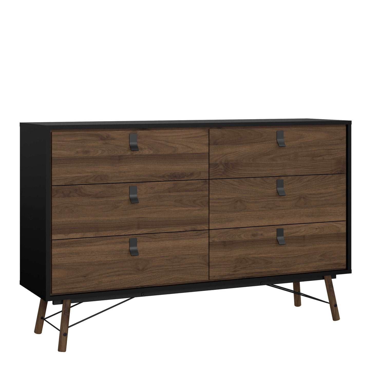 Juno Black and Walnut Wood Wide Double Chest of 6 Drawers