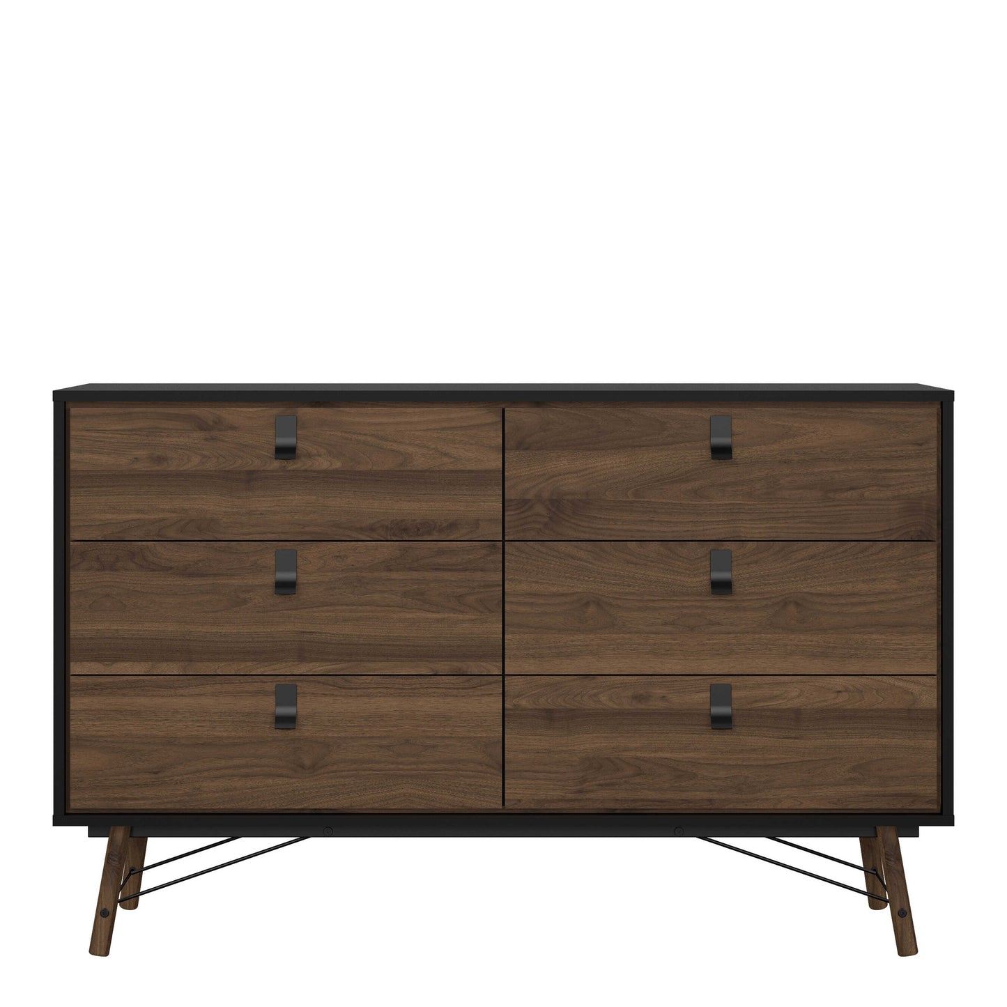 Juno Black and Walnut Wood Wide Double Chest of 6 Drawers