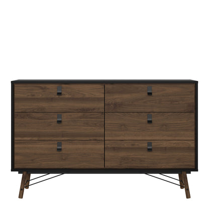 Juno Black and Walnut Wood Wide Double Chest of 6 Drawers