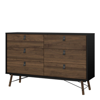 Juno Black and Walnut Wood Wide Double Chest of 6 Drawers
