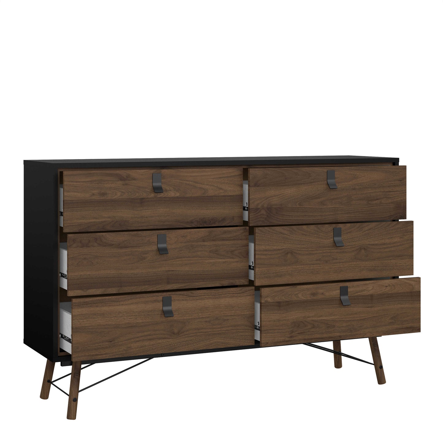 Juno Black and Walnut Wood Wide Double Chest of 6 Drawers