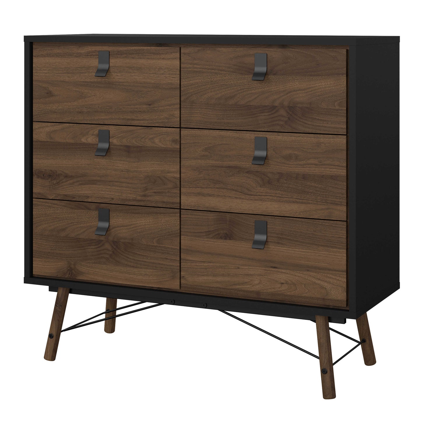 Juno Black and Walnut Wood Double Chest of Drawers 6 Drawers