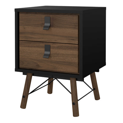 Juno Black and Walnut Wood Bedside Table 2 Drawer