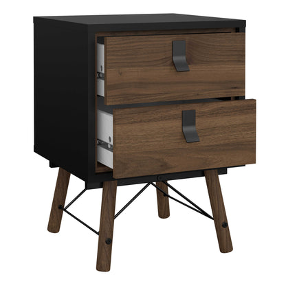 Juno Black and Walnut Wood Bedside Table 2 Drawer