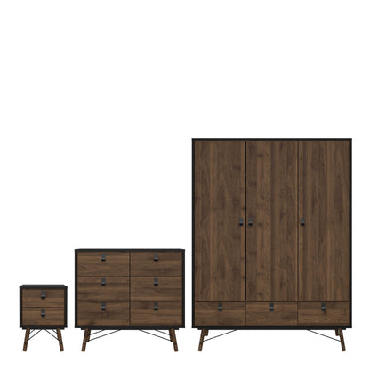 Juno Black and Walnut Wood Furniture Set - Wardrobe 3 Doors and 3 Drawers + Chest 6 Drawers + Bedside Table 2 Drawers