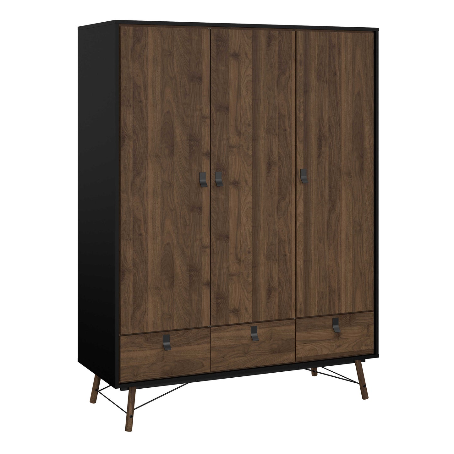 Juno Black and Walnut Wood Furniture Set - Wardrobe 3 Doors and 3 Drawers + Chest 6 Drawers + Bedside Table 2 Drawers
