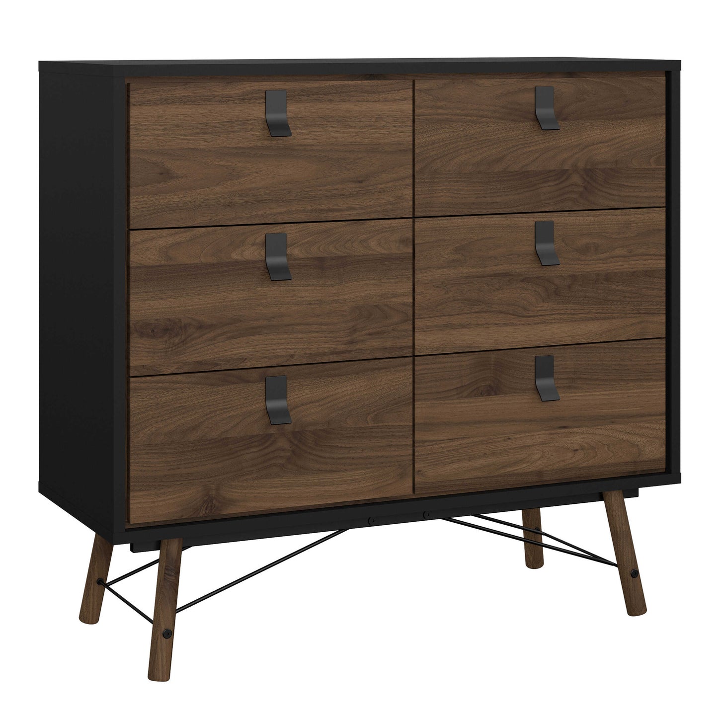 Juno Black and Walnut Wood Furniture Set - Wardrobe 3 Doors and 3 Drawers + Chest 6 Drawers + Bedside Table 2 Drawers