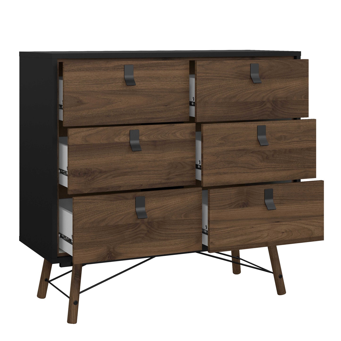 Juno Black and Walnut Wood Furniture Set - Wardrobe 3 Doors and 3 Drawers + Chest 6 Drawers + Bedside Table 2 Drawers