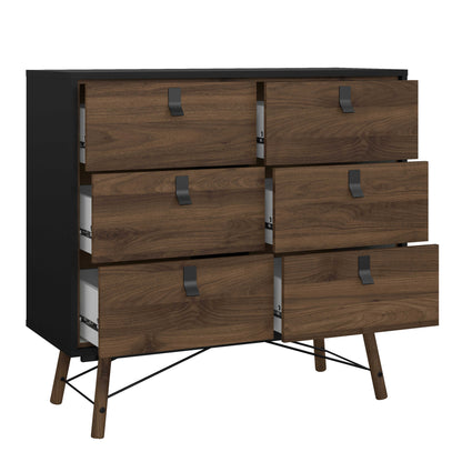 Juno Black and Walnut Wood Furniture Set - Wardrobe 3 Doors and 3 Drawers + Chest 6 Drawers + Bedside Table 2 Drawers