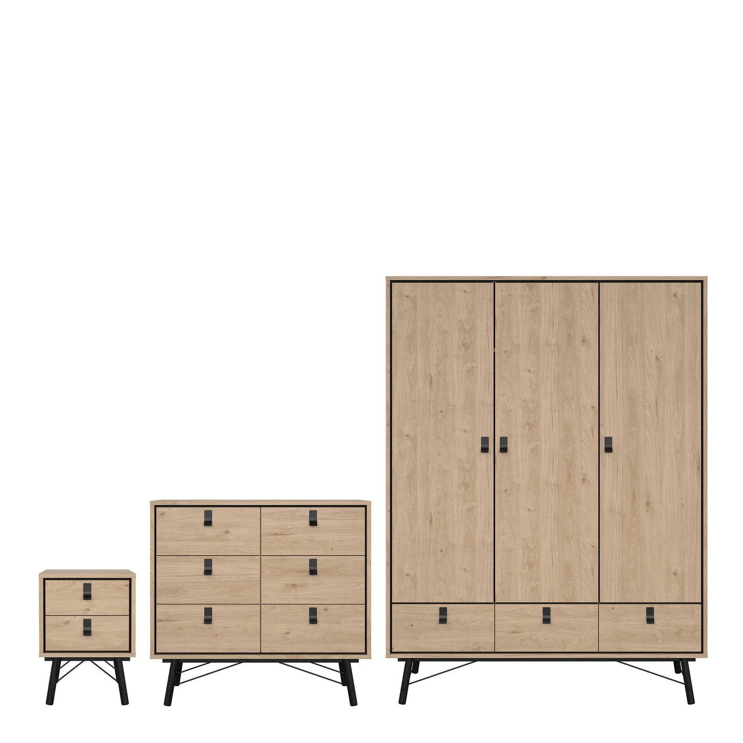 Juno Natural Oak Wood Furniture Set - Wardrobe 3 Doors and 3 Drawers + Chest 6 Drawers + Bedside Table 2 Drawers