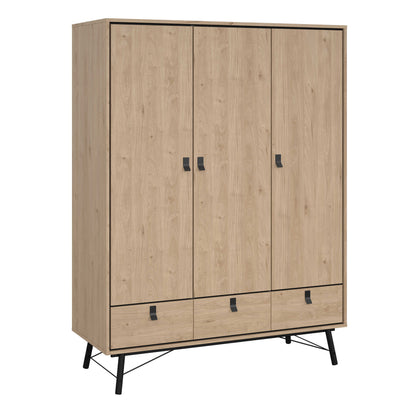 Juno Natural Oak Wood Furniture Set - Wardrobe 3 Doors and 3 Drawers + Chest 6 Drawers + Bedside Table 2 Drawers