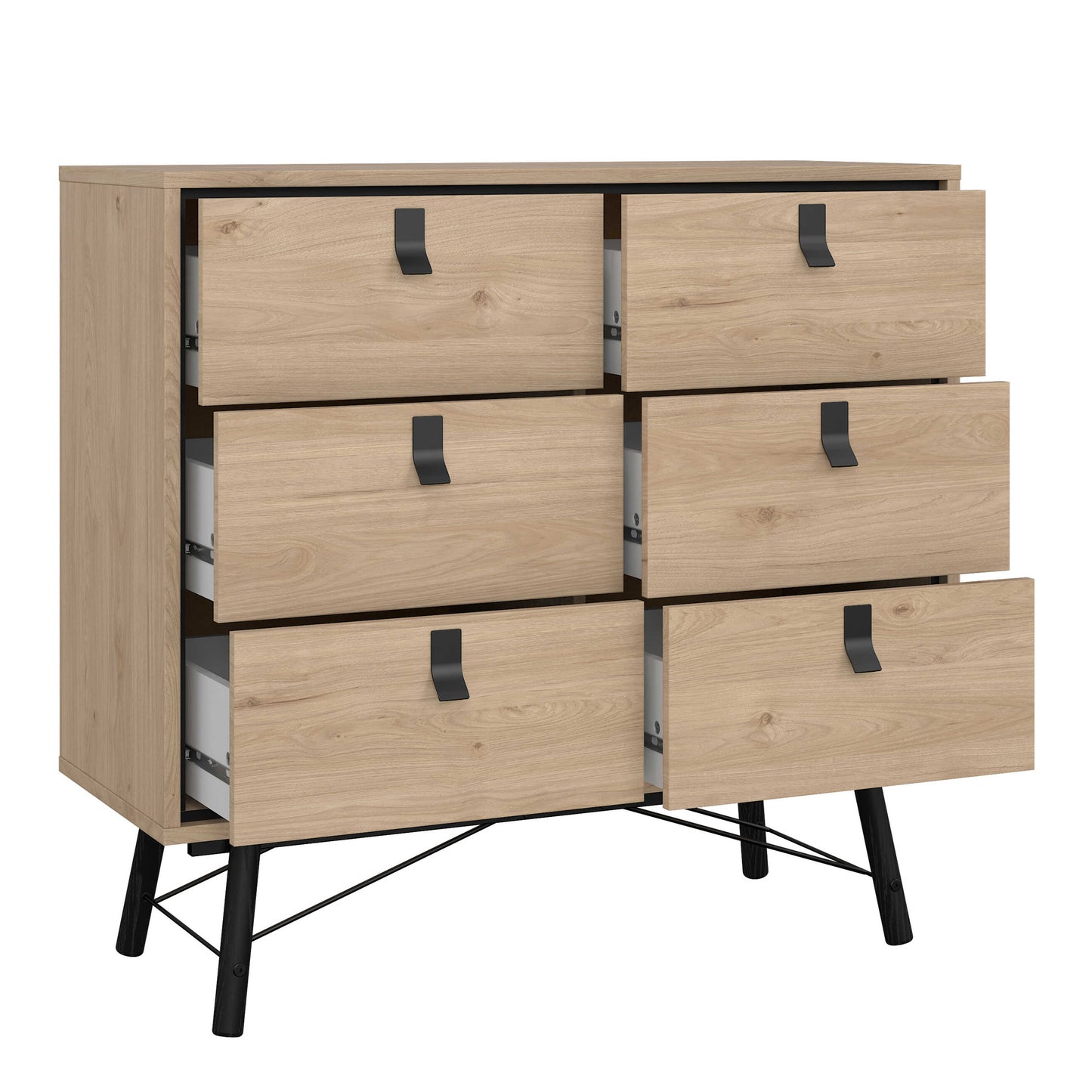 Juno Natural Oak Wood Furniture Set - Wardrobe 3 Doors and 3 Drawers + Chest 6 Drawers + Bedside Table 2 Drawers