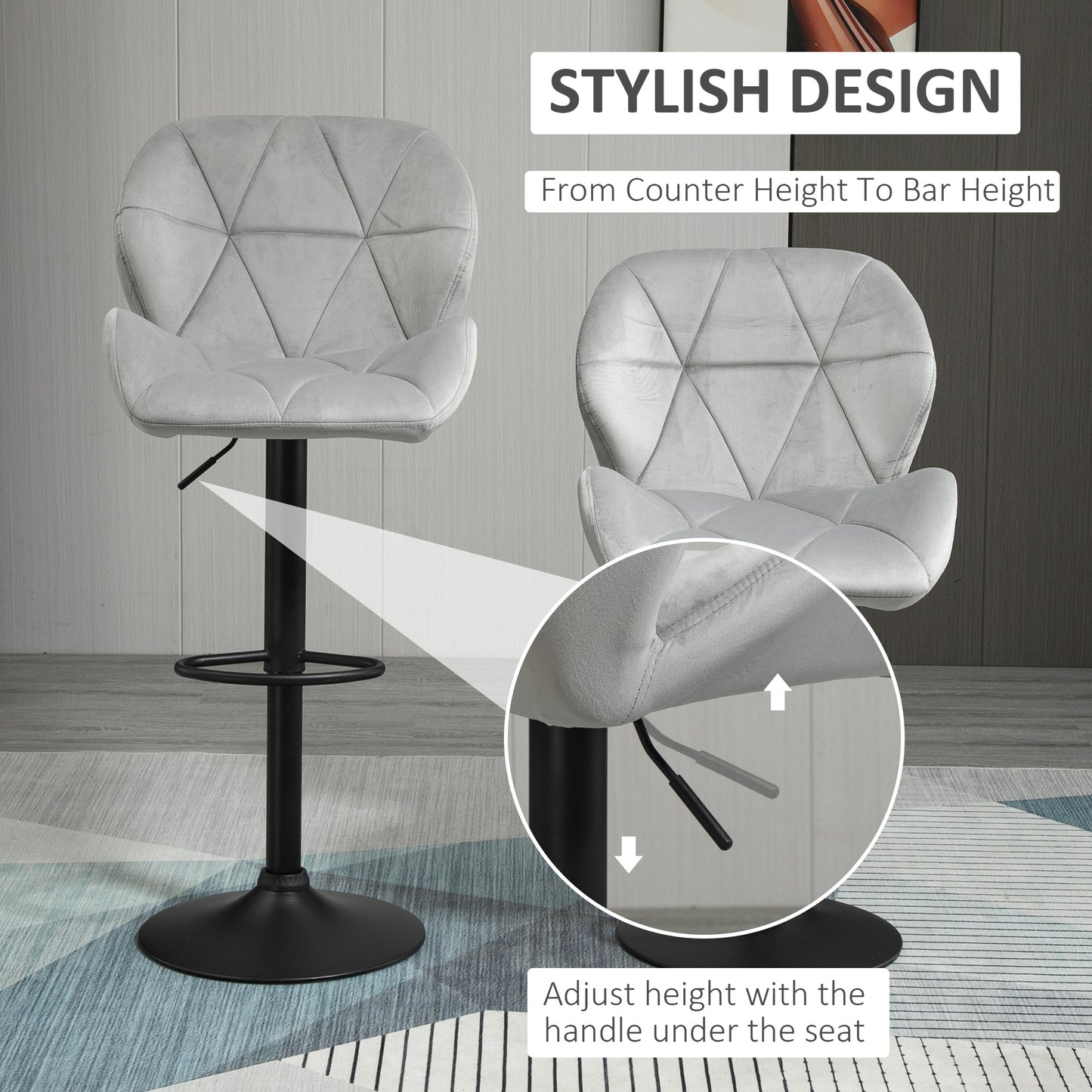 Cotodo Set Of 2 Upholstered Light Grey Adjustable Swivel Bar Stools With Back Support