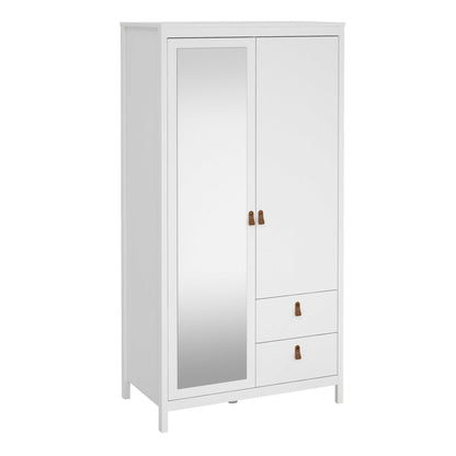 Wildberry Matt White Wooden Mirror Wardrobe 2 Doors 2 Drawers Leather Handles