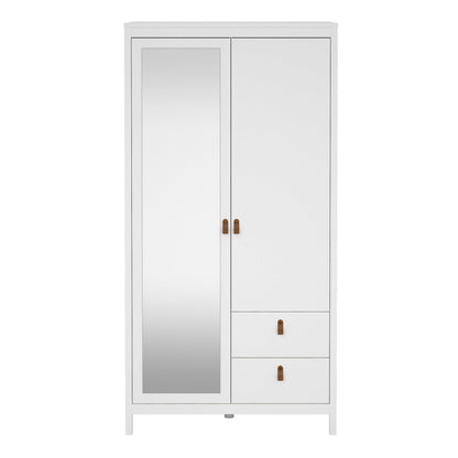 Wildberry Matt White Wooden Mirror Wardrobe 2 Doors 2 Drawers Leather Handles