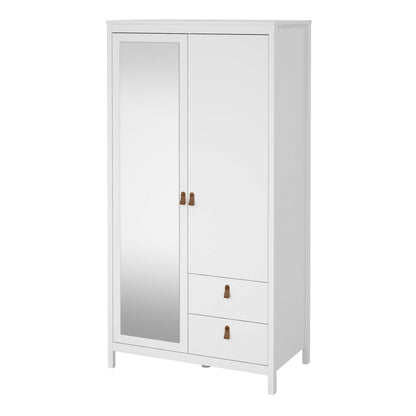 Wildberry Matt White Wooden Mirror Wardrobe 2 Doors 2 Drawers Leather Handles