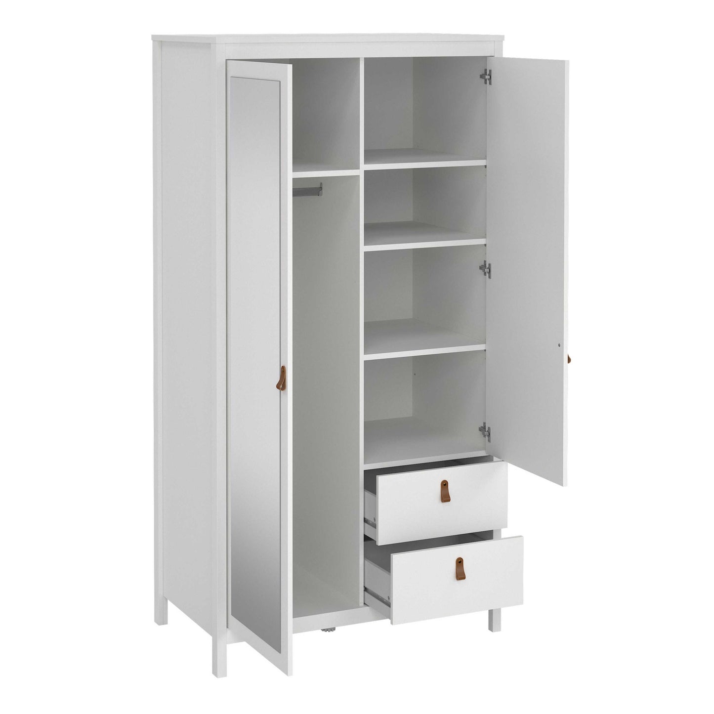 Wildberry Matt White Wooden Mirror Wardrobe 2 Doors 2 Drawers Leather Handles