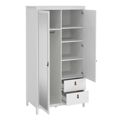 Wildberry Matt White Wooden Mirror Wardrobe 2 Doors 2 Drawers Leather Handles