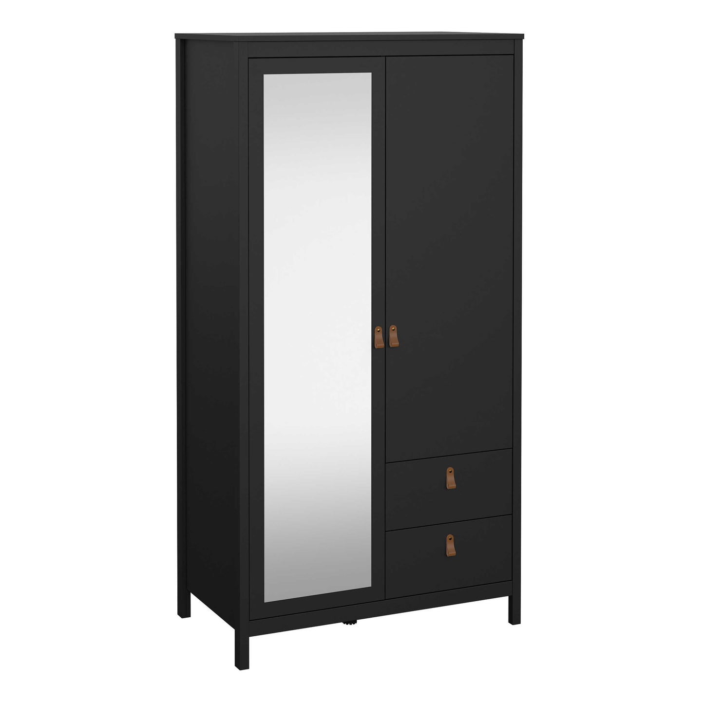 Wildberry Matt Black Wooden Mirror Wardrobe  2 Doors 2 Drawers Leather Handles