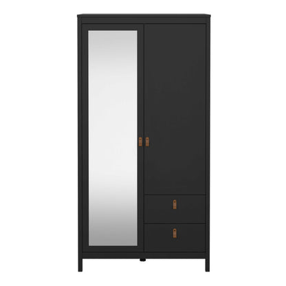Wildberry Matt Black Wooden Mirror Wardrobe  2 Doors 2 Drawers Leather Handles