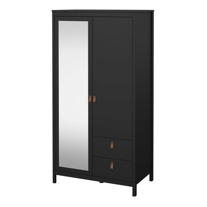 Wildberry Matt Black Wooden Mirror Wardrobe  2 Doors 2 Drawers Leather Handles