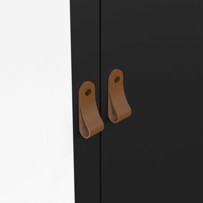 Wildberry Matt Black Wooden Mirror Wardrobe  2 Doors 2 Drawers Leather Handles