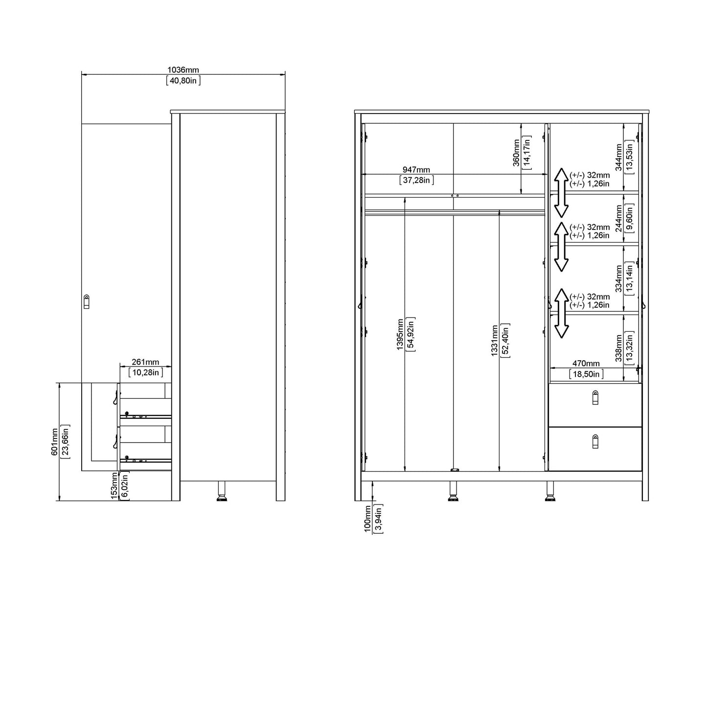 Wildberry White 2 Doors Mirrored Wardrobe 2 Drawers