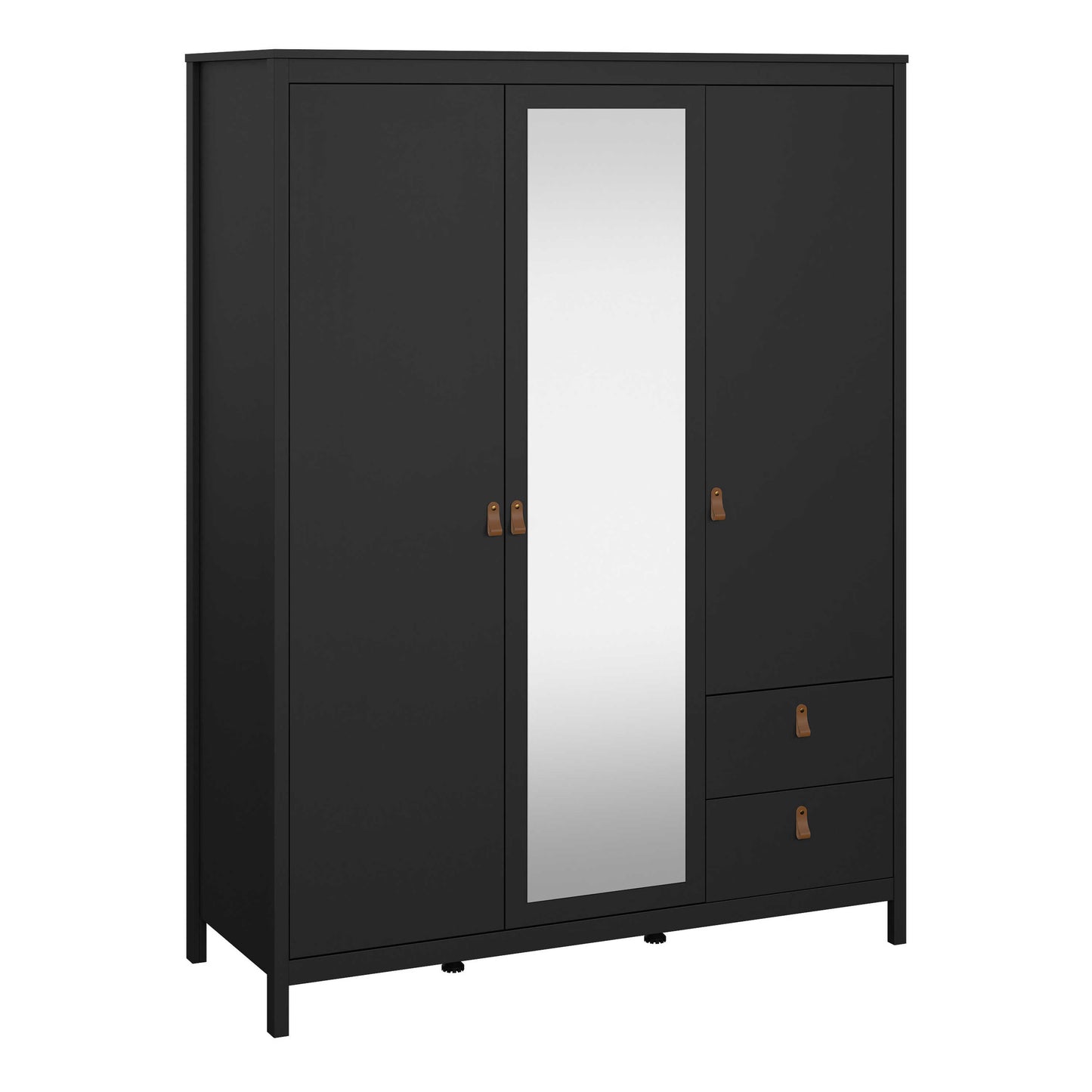 Wildberry Matt Black Mirror Wooden Wardrobe 2 Doors 2 Drawers Leather Handles