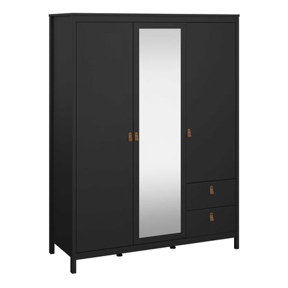 Wildberry Matt Black Mirror Wooden Wardrobe 2 Doors 2 Drawers Leather Handles
