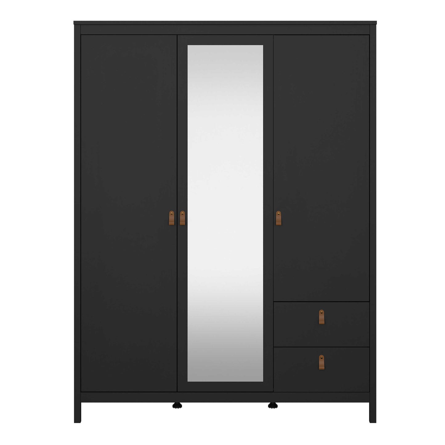 Wildberry Matt Black Mirror Wooden Wardrobe 2 Doors 2 Drawers Leather Handles