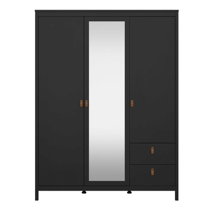 Wildberry Matt Black Mirror Wooden Wardrobe 2 Doors 2 Drawers Leather Handles