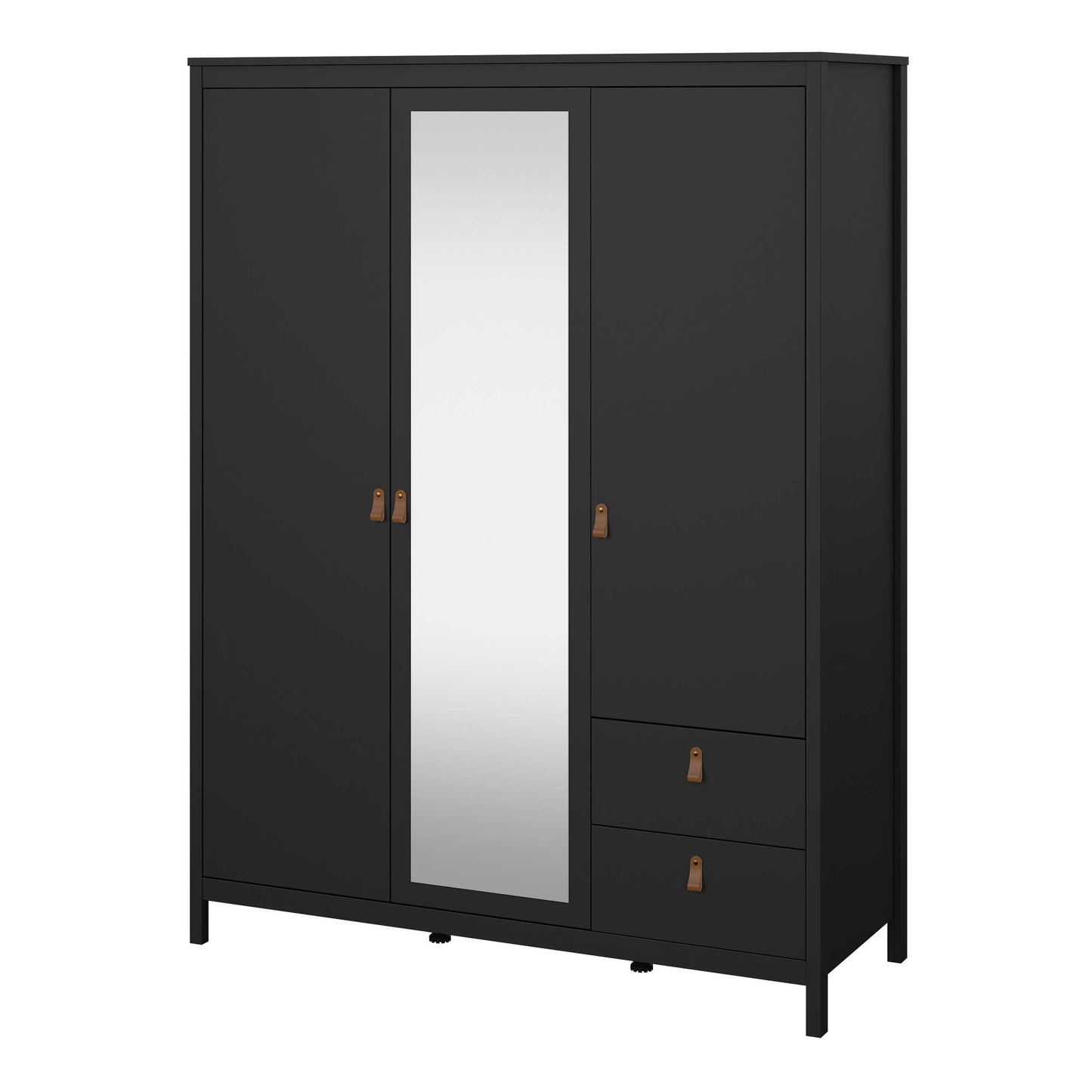 Wildberry Matt Black Mirror Wooden Wardrobe 2 Doors 2 Drawers Leather Handles