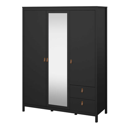Wildberry Matt Black Mirror Wooden Wardrobe 2 Doors 2 Drawers Leather Handles