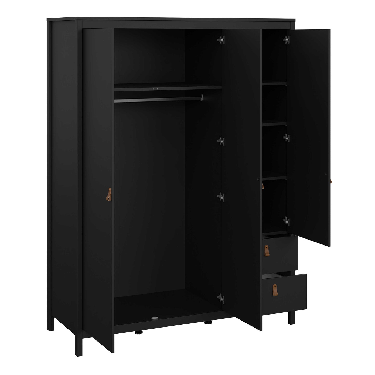 Wildberry Matt Black Mirror Wooden Wardrobe 2 Doors 2 Drawers Leather Handles