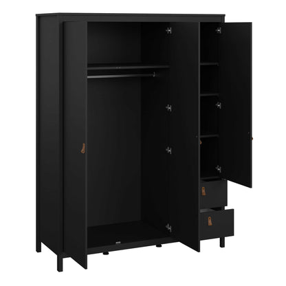 Wildberry Matt Black Mirror Wooden Wardrobe 2 Doors 2 Drawers Leather Handles