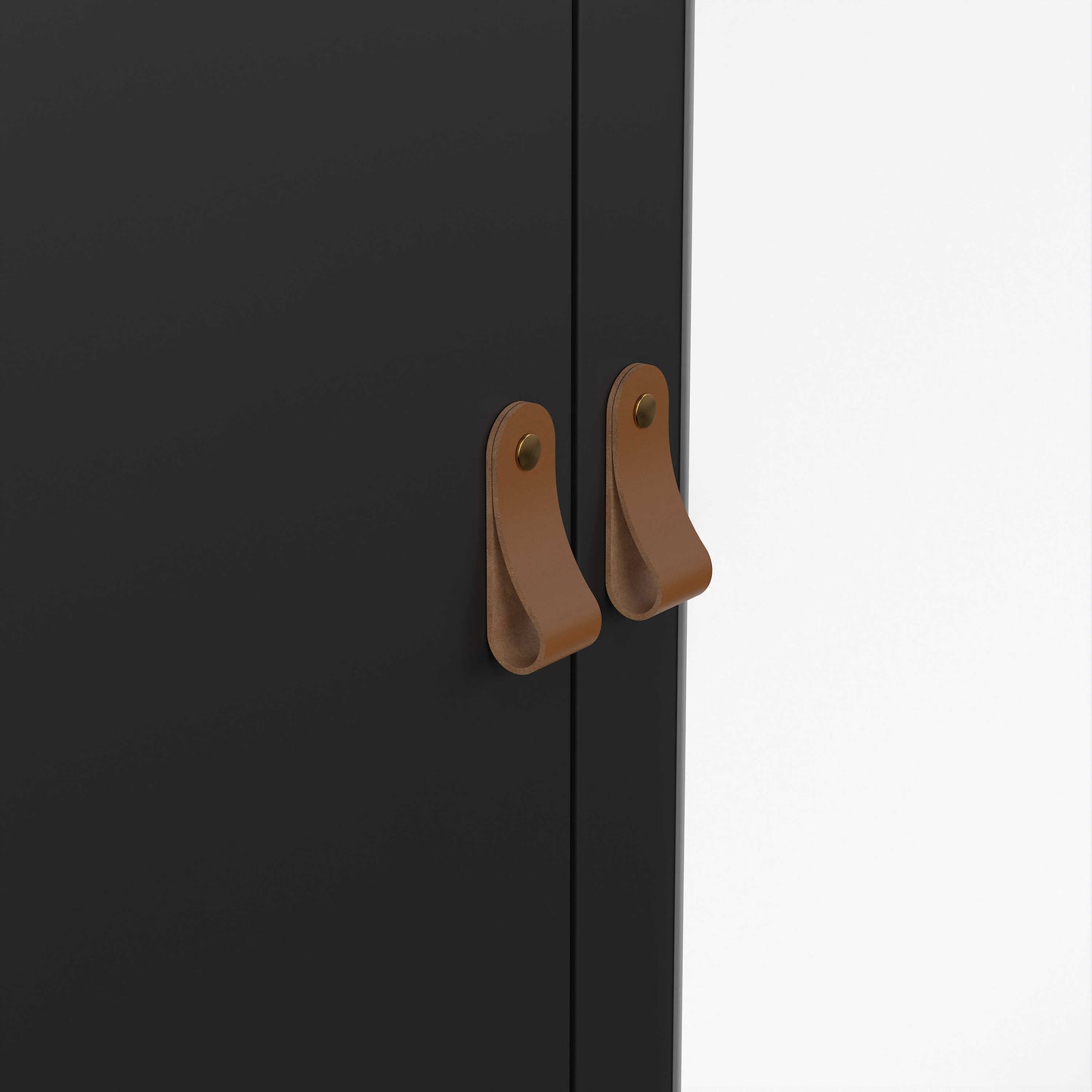 Wildberry Matt Black Mirror Wooden Wardrobe 2 Doors 2 Drawers Leather Handles