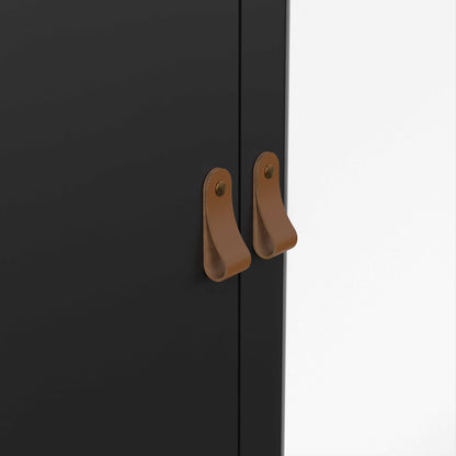Wildberry Matt Black Mirror Wooden Wardrobe 2 Doors 2 Drawers Leather Handles