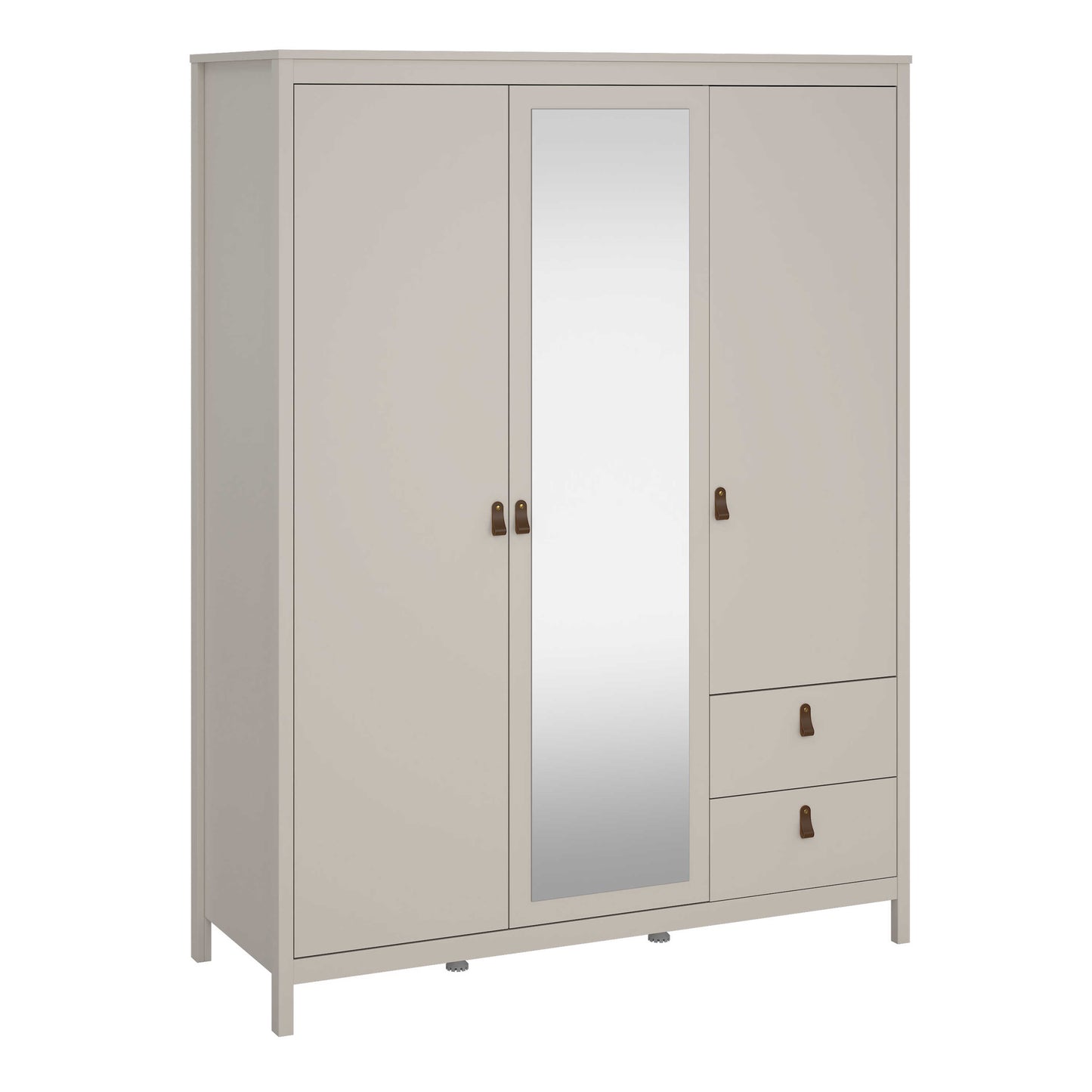 Wildberry Cashmere Wooden Mirror Wardrobe with 3 Doors 2 Drawers Leather Handles