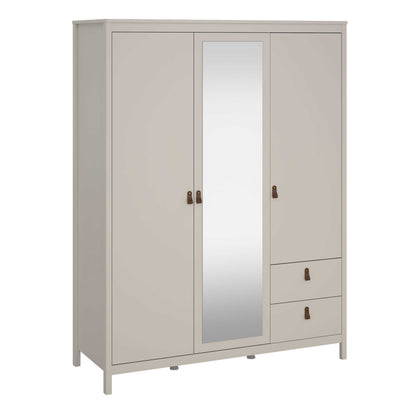 Wildberry Cashmere Wooden Mirror Wardrobe with 3 Doors 2 Drawers Leather Handles