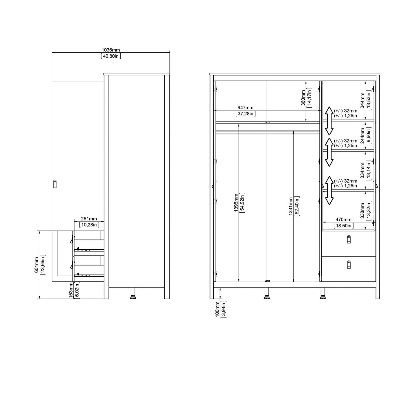 Wildberry Cashmere Wooden Mirror Wardrobe with 3 Doors 2 Drawers Leather Handles