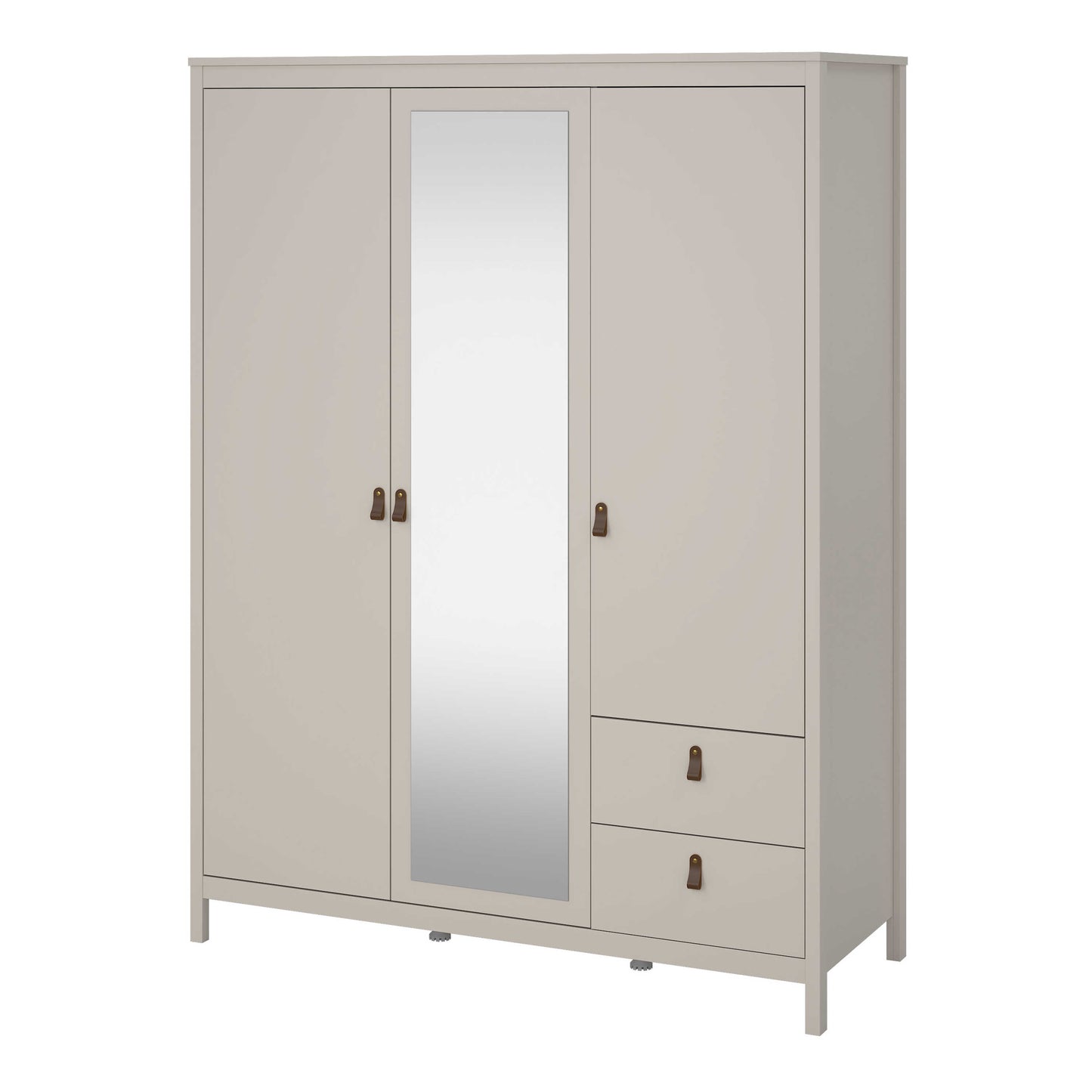 Wildberry Cashmere Wooden Mirror Wardrobe with 3 Doors 2 Drawers Leather Handles
