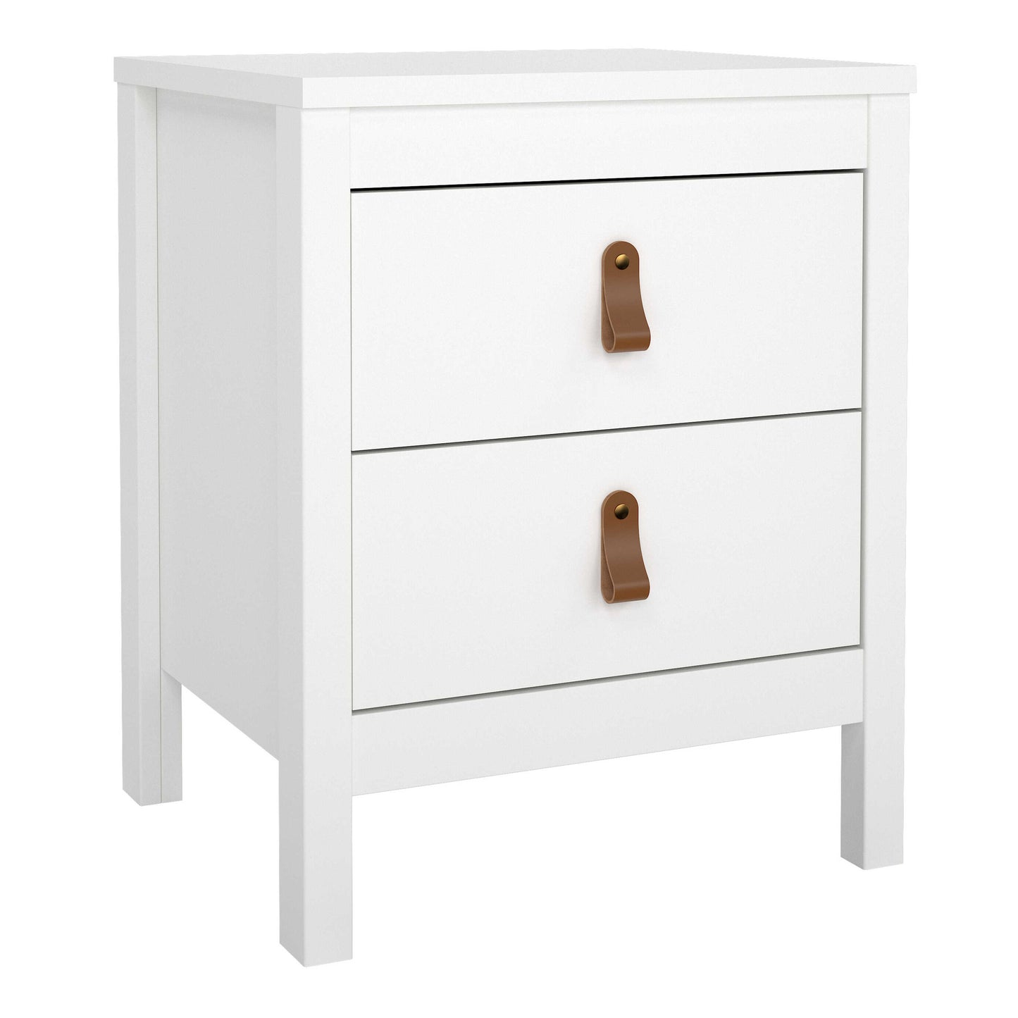 Wildberry Matt White Wooden Bedside Table 2 Drawers Leather Handles